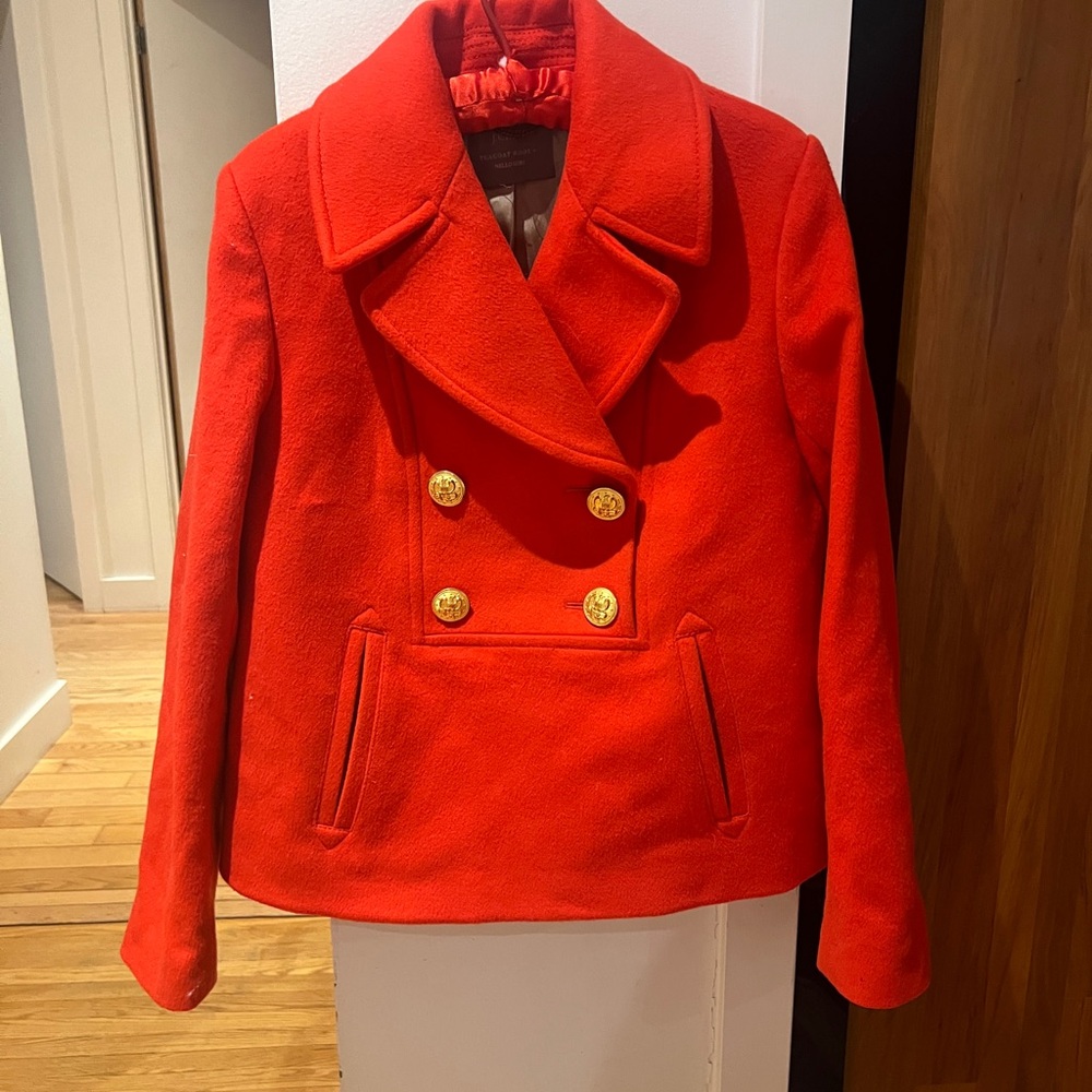 J. Crew Vibrant orange/ Red Peacoat with Gold Buttons. Pull over.